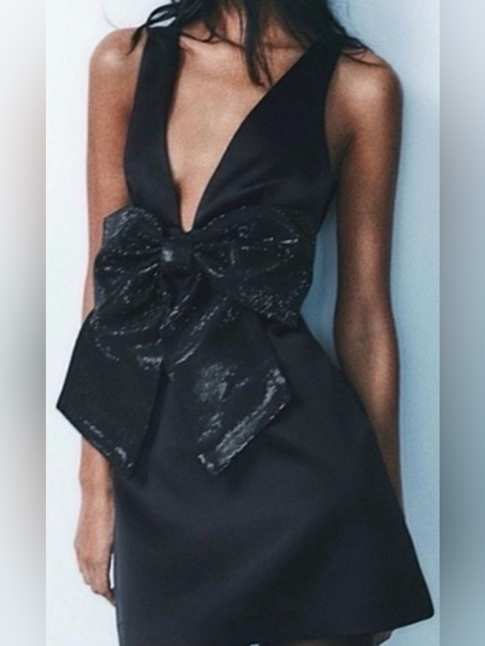 Zara Black Satin Rhinestone Bow Mini Dress Size XL